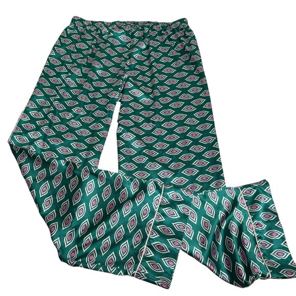 Victorias Secret Satin Pajama Pants Large Green Pink Lips Kiss Elastic Waist - Picture 3 of 5